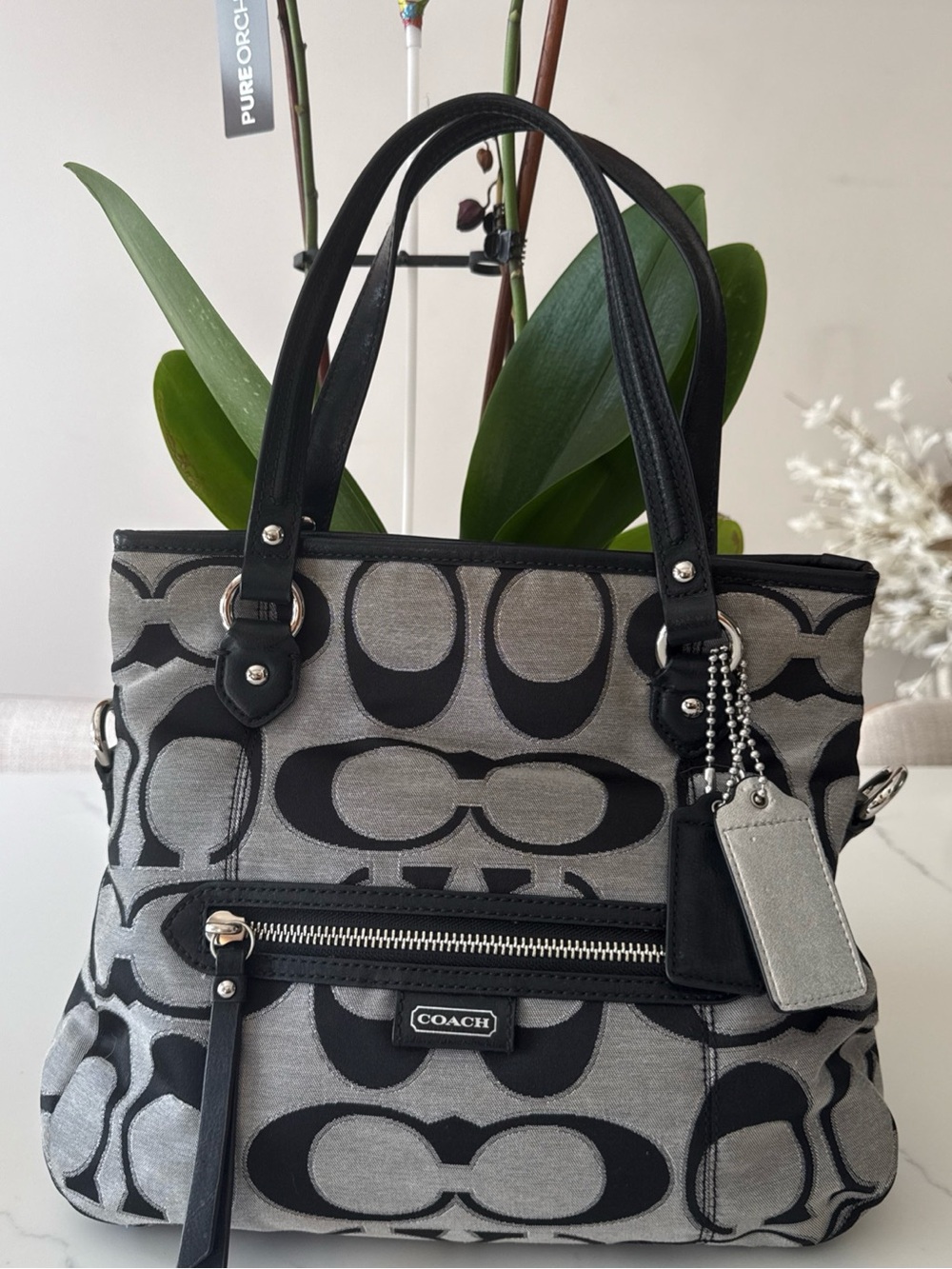 Coach Black and Gray Signature Shoulder Tote J1331